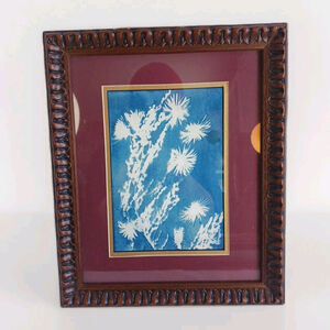 Original Art Cyanotype Floral in Antique Wooden Frame